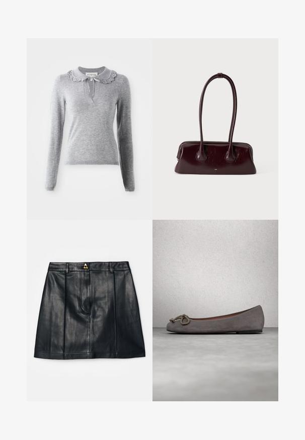 Grå strikket sweater med en flæsekrave, lange ærmer og en V-halsudskæring. Har en snøredetalje ved kraven.; AERON RUDENS SKIRT - A-snit nederdel - black; Grå ruskind balletflade sko med en rundet tå, et knyttet reb-detalje og en subtil kontrastkant langs kanten. Flad, fleksibel sål.; Mørkebrunt blankt læderhåndtaske med lange, tynde håndtag og en struktureret rektangulær bund på en ensfarvet lys baggrund.