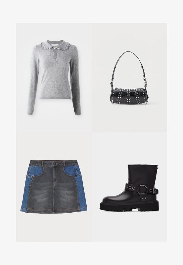 Grå strikket sweater med en flæsekrave, lange ærmer og en V-halsudskæring. Har en snøredetalje ved kraven.; Denim nederdel med en mørkegrå front og lyseblå sidelapper, en almindelig talje, to forlommer og kontrastsying.; Sort læderstøvle til midten af læggen med tyk sål med slidbanemønster, dekorativ rem med sølvmetal-øjer og spænde på siden.; Sort skuldertaske i laklæder med sølvnitter i lodrette rækker og et lille sølvfugleemblem midt på fronten.