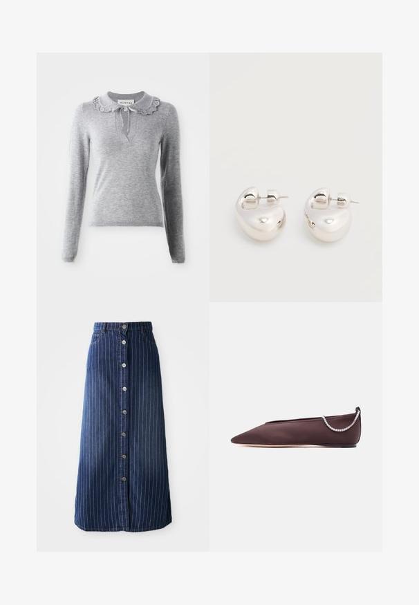 Grå strikket sweater med en flæsekrave, lange ærmer og en V-halsudskæring. Har en snøredetalje ved kraven.; Mørk denim maxi nederdel med lodrette hvide striber, knaplukning foran og en let udvidelse i kanten. Har fem knapper og kontrastsyning.; Mørkebrun flad sko med spids tå, lav hæl og en sølvfarvet rhinstenkæde detalje bagpå.; Par af skinnende sølv store øreringe med lukning på bagsiden mod en ensfarvet hvid baggrund.