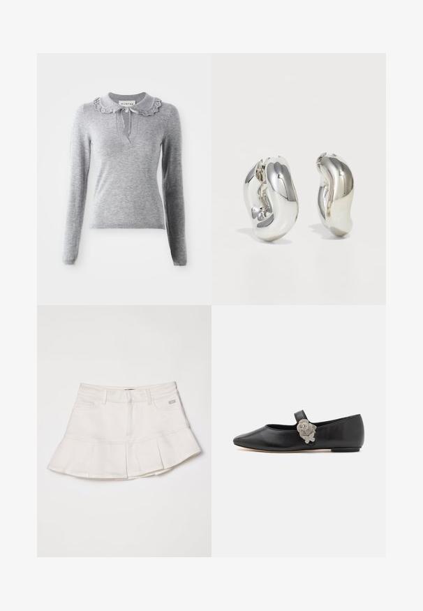 Grå strikket sweater med en flæsekrave, lange ærmer og en V-halsudskæring. Har en snøredetalje ved kraven.; Hvid denimnederdel med en tætsiddende talje og en udvidet plisseret kant. Inkluderer forlommer og en lille logo detalje på taljen.; Sophia Webster TITANIA - Ballerinasko m/ rem - black/crystal; Sølvskulpturelle øreringe med glatte, buede former og reflekterende overflader. Har et lukket hoop-design og en markant organisk form.