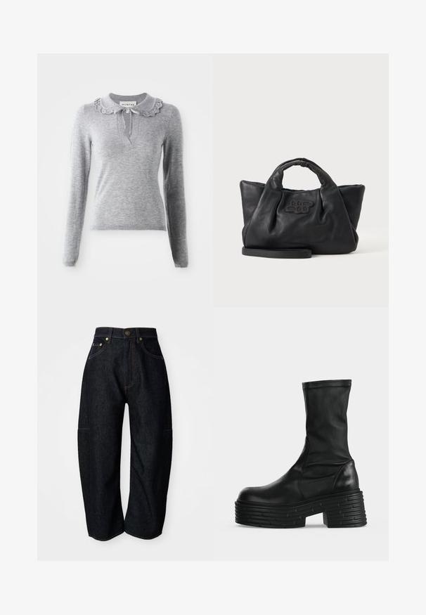 Grå strikket sweater med en flæsekrave, lange ærmer og en V-halsudskæring. Har en snøredetalje ved kraven.; Mørke denim jeans med en afslappet pasform, der har diskret orange syninger, forlommer og en flad talje med en knaplukning.; Sort læderstøvle til midt på læggen med tyk mønstret platåsål og blokhæl på en enkel lys baggrund.; Sort blødt læderhåndtaske med korte håndtag, en aftagelig rem og et syet logo foran, på en ensfarvet lys baggrund.