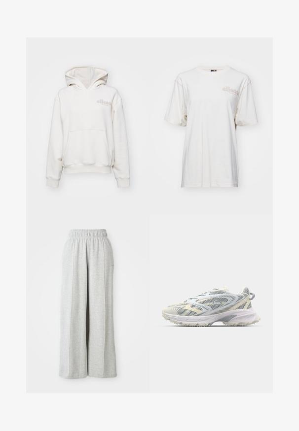 Ellesse EIENES - Kapuzenpullover - off white; Weißes Kurzarm-T-Shirt aus Baumwolle. Hat einen Rundhalsausschnitt, eine lockere Passform und ein helles Logo, das auf der Vorderseite gedruckt ist.; Hellgraue, weit geschnittene Sweatpants mit einem elastischen Bund und seitlichen Nähten. Hergestellt aus einem weichen Baumwollmischgewebe für angenehmen Tragekomfort. Keine sichtbaren Logos.; Mesh-Sportschuh in Grau und Creme, mit strukturiertem Obermaterial, verstärkter Spitze und einer hellen, robusten Laufsohle für besseren Halt.