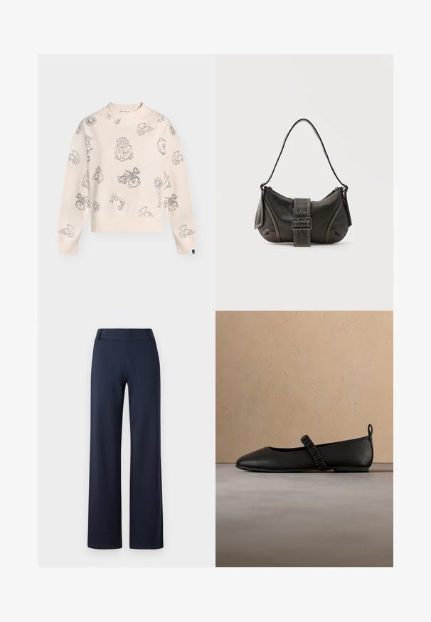 Beige sweater met lange mouwen met geribbelde boorden en zoom en zwarte abstracte bloemen- en botanische lijntekeningen.; Marineblauwe wijde broek gemaakt van zacht, rekbaar materiaal. Kenmerkt zich door een vlakke tailleband en een gladde textuur; geen zichtbare patronen of hardware.; Zwart platte schoen met elastische geplooide band aan de bovenzijde, weergegeven boven een beige tapijt met textuur en een lichtbeige sofa op de achtergrond.; Zwarte leren schoudertas met gespsluiting aan de riem, afgeronde hoeken en contrasterende witte stiksels op een effen achtergrond.