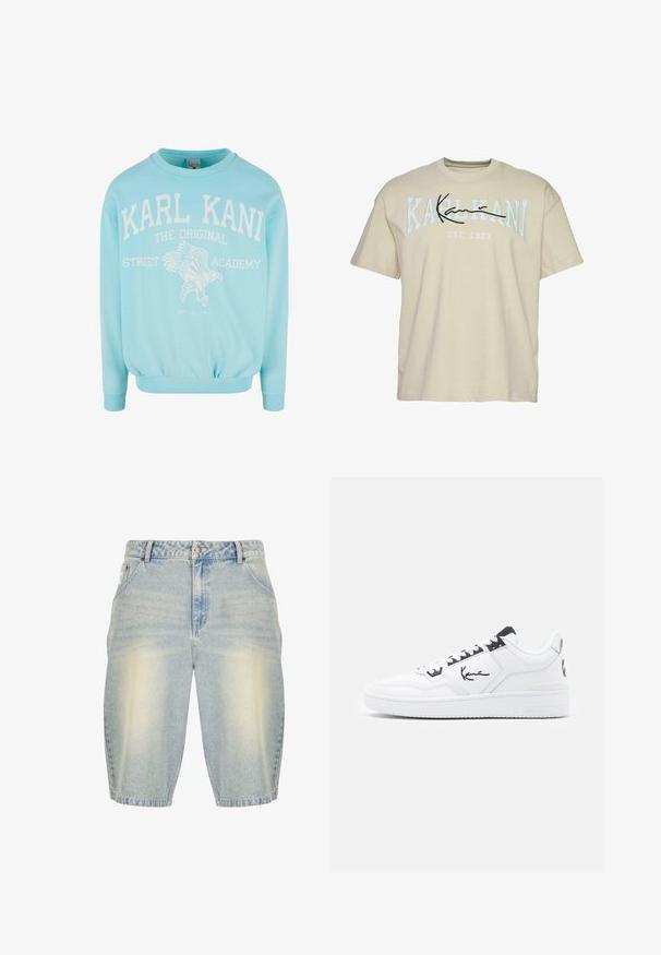Hellblauer Sweatshirt aus Baumwolle, mit weißem Text "KARL KANI" und einem Adler-Graphic, mit gerippten Bündchen und Saum. Lockerer Schnitt.; Beige Baumwoll-T-Shirt mit Rundhalsausschnitt, mit dem Schriftzug "KARL KANI" in Blau und Schwarz über der Brust, etabliert 1989 darunter.; Helle blaue Denim-Shorts mit einem verblassten Washed-Effekt, ausgestattet mit einem klassischen Five-Pocket-Design, Gürtelschlaufen und einem geraden Schnitt.; Weiße Leder Sneaker mit schwarzen Akzenten, versehen mit einem charakteristischen Logo an der Seite, runder Zehenform und strukturiertem Gummisohle.