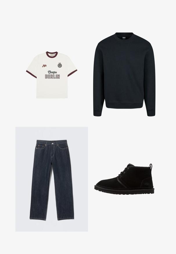 Sweatshirt noir en mélange de coton, avec un col rond, des manches longues et des poignets et ourlet côtelés. Texture lisse, sans motifs ni accents.; T-shirt blanc à manches courtes avec des bordures bordeaux, avec le texte "Escape BERLIN" au centre devant, "Mitte" sur la poitrine gauche, et un emblème circulaire avec deux étoiles sur la poitrine droite.; Jean en denim bleu foncé à coupe droite, avec passants pour ceinture, poches avant et arrière, et coutures contrastées. Aucun motif ni ornement visible.; Bottines en daim noir avec un bout rond, un design à lacets et une semelle en caoutchouc durable. Dotées d'un petit talon et d'un détail en relief du logo.