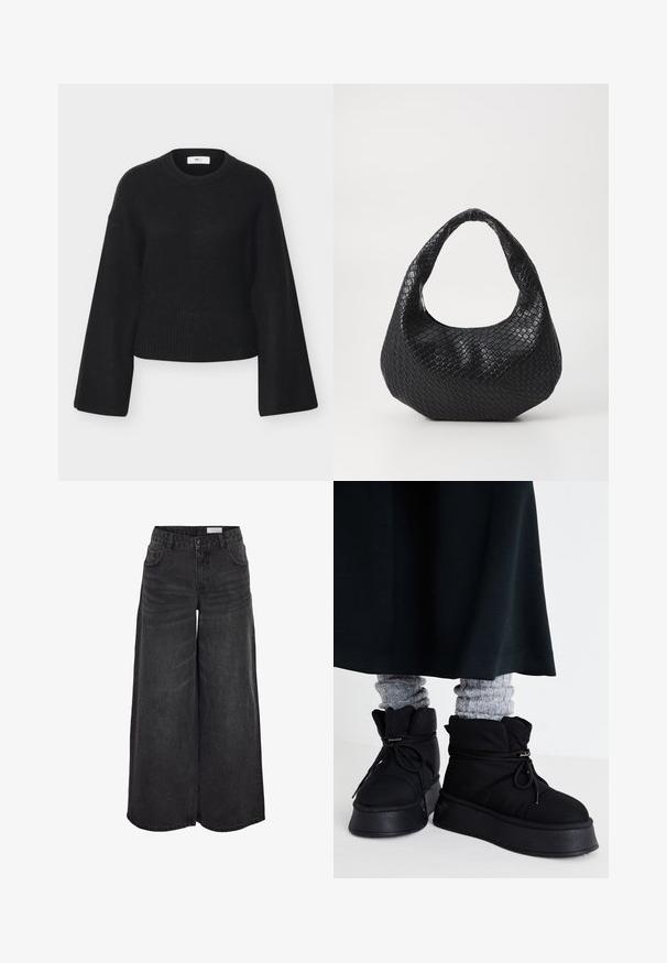 Schwarzer, gestrickter Pullover mit langen Ärmeln, weitem Schnitt, geripptem Saum und Halsausschnitt, dargestellt vor weißem Hintergrund.; Schwarzfarbene, weit geschnittene Jeans mit hoher Taille, Fronttaschen und subtiler Struktur; für eine lockere Passform entworfen.; Schwarze, gepolsterte Knöchelstiefel mit flachen Sohlen, Schnürsenkeln und auffälligen Nähten. Kombiniert mit grauen, gerippten Socken, die hervorlugen, und getragen zu einem dunklen Rock.; Schwarze gewebte Handtasche mit einem gebogenen Griff, die eine strukturierte Oberfläche und eine lässige Form hat. Glatte Oberfläche mit einer organischen Silhouette.
