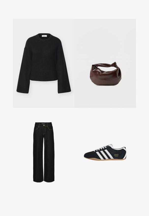 Sort strikket langærmet sweater med brede ærmer, ribbet kant og halsudskæring, vist på en hvid baggrund.; Sorte wide-leg jeans lavet af denim med kontrasterende gul syning. Har en knaplukning og flere lommer.; Sort ruskinds sneaker med hvide tre striber, guldlogo og en brun gummisål. Har et lavprofil snørebåndsdesign.; Mørkebrun læder skuldertaske med en blød, afslappet form og et snoet knudehåndtag på en ensartet hvid baggrund.