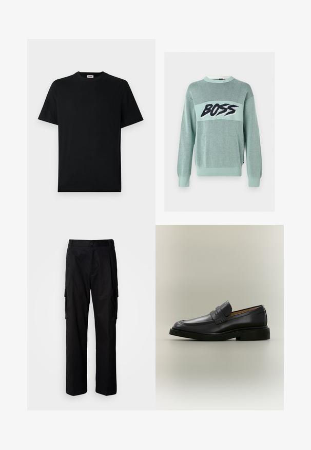 Jersey de punto verde claro con patrón de malla y texto negro y llamativo "BOSS" en el pecho, con puños y bajo de canalé.; Camiseta básica negra de manga corta con cuello redondo, exhibida plana sobre un fondo blanco, con una pequeña etiqueta de la marca en el interior del collar.; Pantalones cargo negros de corte relajado, con bolsillos laterales, cierre de botón y tela ligera y suave.; Mocasín de hombre de cuero negro con tacón bajo y detalle de correa en la parte superior, mostrado de perfil sobre un fondo neutro.