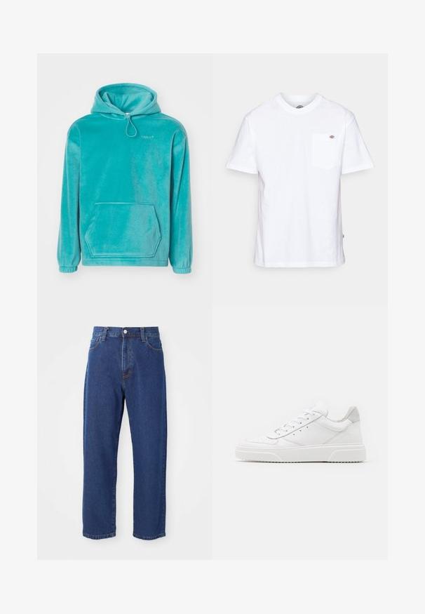 Turquoise hoodie met een zachte textuur, frontale kangoeroezak en elastische boorden. Voorzien van een trekkoord bij de halslijn.; Witte katoenen t-shirt met een ronde hals, korte mouwen en een borstzak met een klein merklogo aan de linkerkant.; Hoge taille blauwe jeans van denim, met een rechte pijp silhouet, zichtbare stiksels en een sluiting met een voorknoop.; Witte leren sneakers met een gladde afwerking, ronde neus, platte veters en een gestructureerde zool. Grijze suède accent bij de hiel.