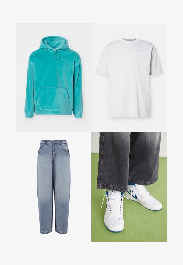 Sudadera con capucha turquesa de textura suave, con un bolsillo tipo canguro en la parte frontal y puños elásticos. Presenta un cordón en el escote.; Camiseta de algodón gris claro con mangas cortas, cuello redondo y un pequeño logo blanco en el lado izquierdo del pecho. Textura suave, corte casual.; Vaqueros azules de mezclilla de tiro alto y corte holgado, con bolsillos delanteros, trabillas para cinturón, cierre de botones y detalles desgastados a lo largo de las piernas.; Zapatillas altas blancas con acentos azules, caja de puntera perforada y cordones blancos. Llevadas con pantalones de mezclilla grises sueltos sobre una superficie verde.