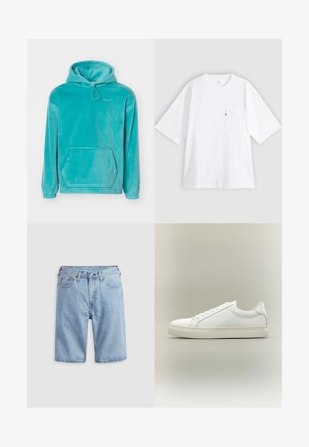 Turquoise hoodie met een zachte textuur, frontale kangoeroezak en elastische boorden. Voorzien van een trekkoord bij de halslijn.; Wit katoenen T-shirt met korte mouwen, ronde hals en een borstzak aan de linkerkant. Heeft een klein rood logotagje op de zak.; Lichtblauwe spijkershort met voorzakken, riemlussen en knoopsluiting op een effen lichte achtergrond.; Witte lage sneaker met veters aan de voorkant en dikke zool, zijaanzicht tegen een neutrale achtergrond.