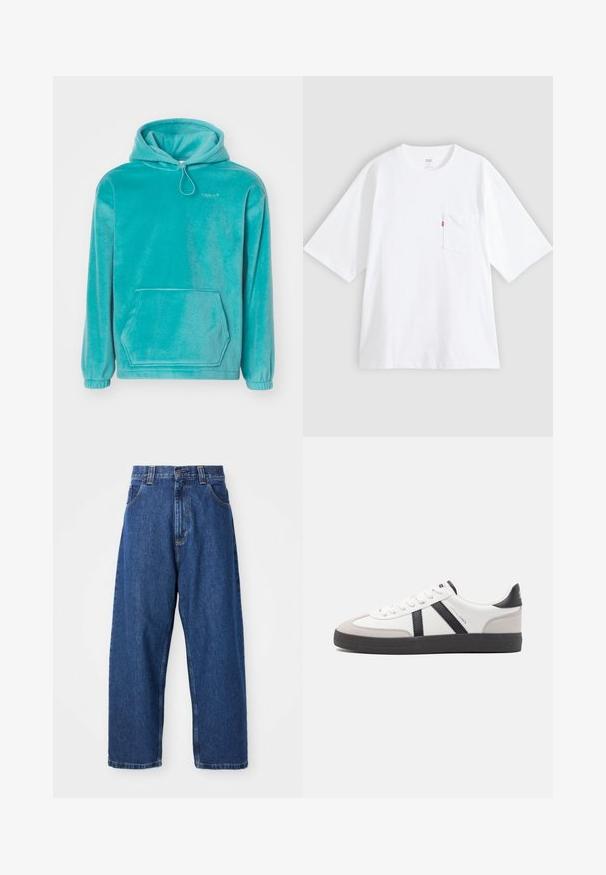 Turkis hætte sweatshirt med en blød tekstur, frontlomme til hænderne og elastiske manchetter. Har en snor i halsen.; Hvid bomulds-T-shirt med korte ærmer, rund hals og lomme på venstre bryst. Har en lille rød logoetiket på lommen.; Denimwide-leg jeans i mørkeblå. Har høj talje, bæltestropper og klassisk fem-lommers design. Syet kant med en ren finish.; Hvide sneakers med sorte og grå detaljer, med en tekstureret grå tåhætte, sort gummisål og flade hvide snørebånd. Rent design, minimalistisk stil.
