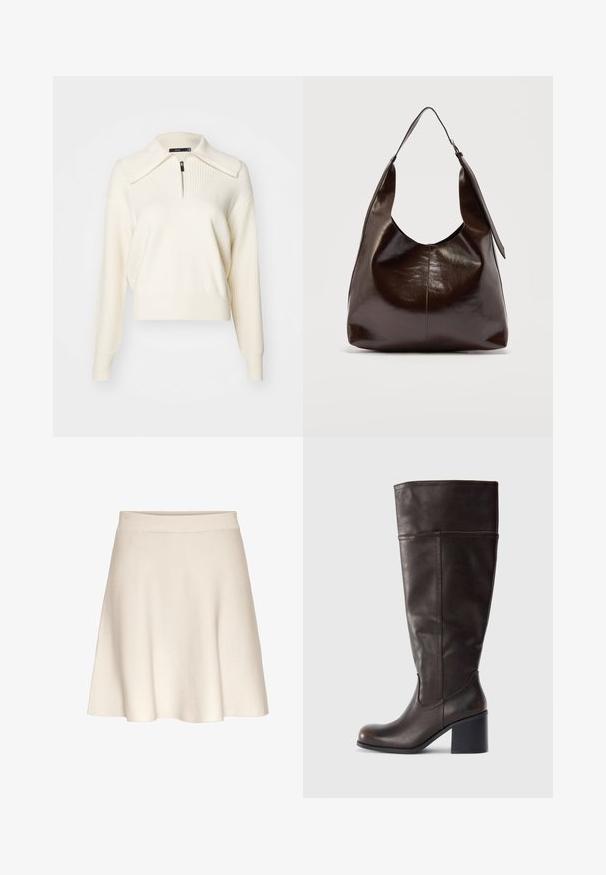 Cremefarvet strikpullover med lynlås i kraven, ribbet tekstur, lange ærmer og en afslappet cropped pasform. Udtryk inkluderer sømdetaljer.; En udvidet, beige nederdel lavet af blødt stof med en glat tekstur, der har et bredt taljebånd og en knælængde.; Brun læder knæhøj støvle med rund tå og stablet hæl. Har en glat tekstur og sidelægning som detalje.; Mørkebrunt, skinnende læder skuldertaske med en enkelt bred rem og spændedetalje på den ene side, sat mod en ensartet lys baggrund.