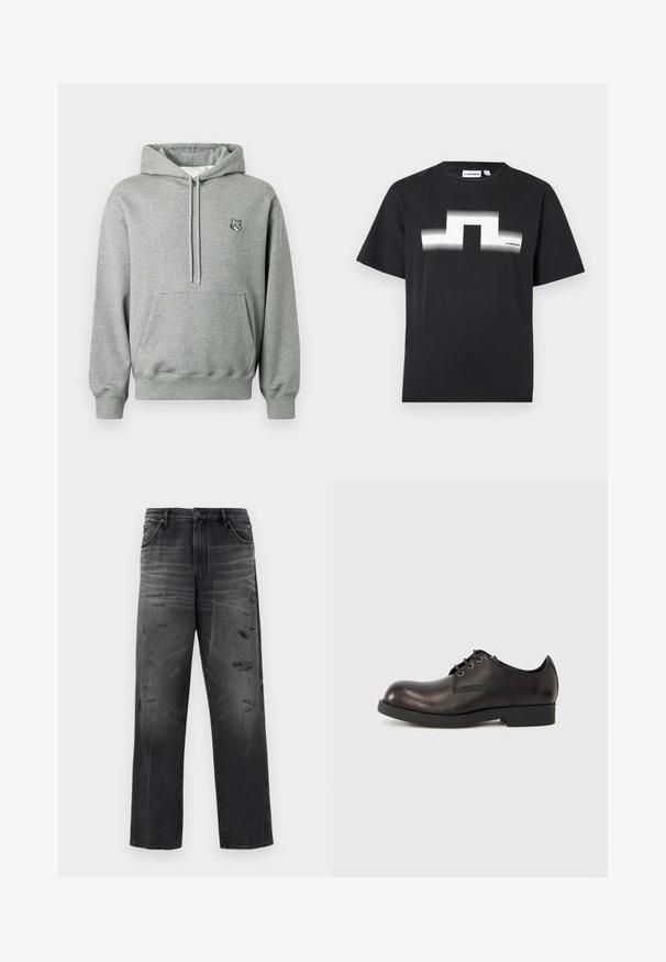 Un sweatshirt gris en tissu doux avec une poche kangourou, une capuche ajustable à cordon et un petit logo d'ours sur la poitrine.; T-shirt noir à manches courtes avec un logo géométrique blanc et le texte "J.LINDEBERG" sur la poitrine et l'étiquette du col.; Jean en denim noir avec une coupe décontractée, présentant un design délavé et des patchs déchirés. Style standard cinq poches et fermeture à bouton.; Chaussure habillée en cuir noir avec un bout arrondi, des coutures minimales, un petit talon en caoutchouc et maintenue par des lacets noirs.