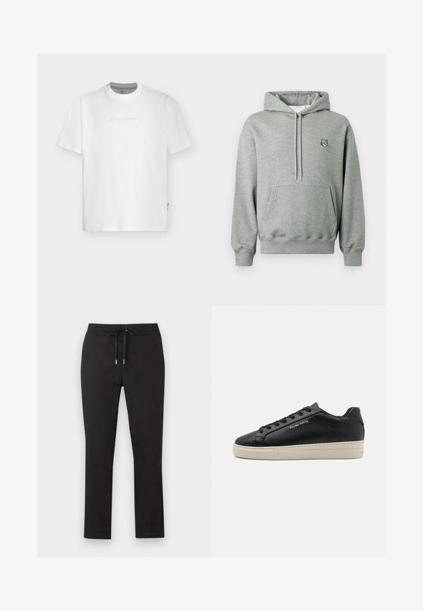 Un sweatshirt gris en tissu doux avec une poche kangourou, une capuche ajustable à cordon et un petit logo d'ours sur la poitrine.; T-shirt blanc à manches courtes avec col rond, texte cursif gris pâle centré sur la poitrine et petite étiquette sur la couture latérale.; Pantalon noir à jambes droites avec ceinture élastique et cordon de serrage à embouts métalliques, posé à plat sur un fond clair.; Sneaker en cuir noir avec une finition lisse, semelle crème contrastante, bout arrondi, logo doré sur le côté et six œillets pour les lacets.