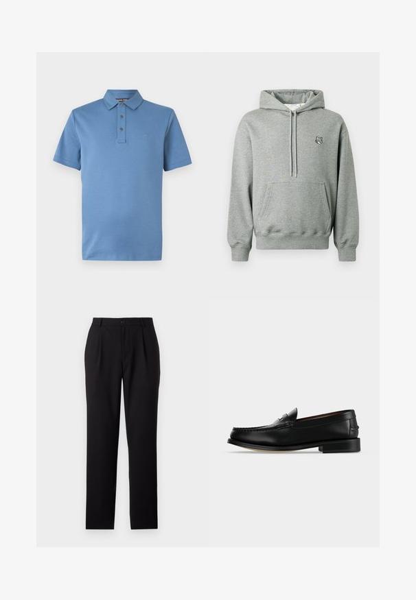 Sudadera gris de tela suave con bolsillo canguro, capucha ajustable con cordón y un pequeño logo de oso en el pecho.; Polo azul de manga corta con cuello clásico, tapeta de tres botones y discreto logo "MK" en el pecho izquierdo.; Pantalones de vestir negros con un diseño de pierna recta, fabricados en un tejido suave. Presentan pliegues frontales y un cierre de botón en la cintura.; Mocasín masculino de cuero negro con tacón bajo y costura estilo mocasín en la puntera, mostrado de lado sobre un fondo liso.