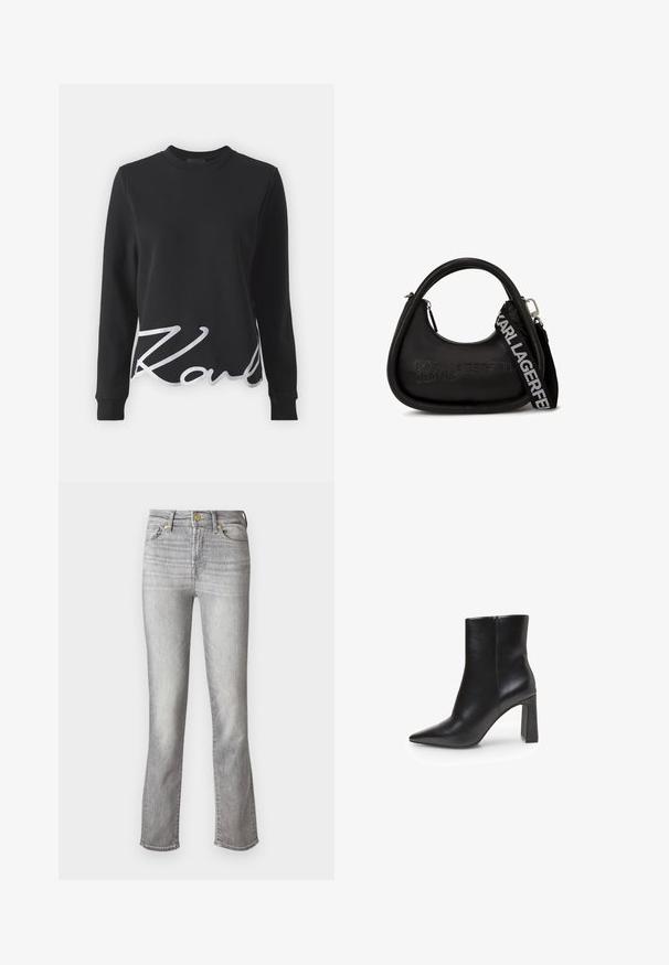 Sort sweatshirt lavet af bomuld med lange ærmer, rund hals og en hvid broderet "K" accent på den nederste front.; Grå denim jeans med lige ben design, der har en frontknaplukning, fem lommer og subtilt slid for tekstur.; Sort ankelstøvle i imiteret læder med spids tå, høj blokhæl og glat tekstur. Minimalistisk design uden synlige pynt.; Sort faux læder håndtaske med en buet form, prydet med et logo-print, aftagelig rem, glat tekstur og en metal lynlås.