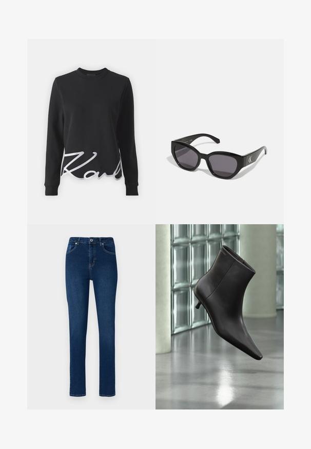 Sort sweatshirt lavet af bomuld med lange ærmer, rund hals og en hvid broderet "K" accent på den nederste front.; Mørkeblå denim jeans med slim fit. Funktioner inkluderer en knappet talje, fem lommer og minimale syninger.; Sort læderankelstøvle med spids tå og lille hæl vist mod en væg af glasblokke og poleret gulv baggrund.; Sorte solbriller med et strømlinet, vinklet design, mørke linser og et kontrasterende sølvlogo på siden. Glat plastoverflade.