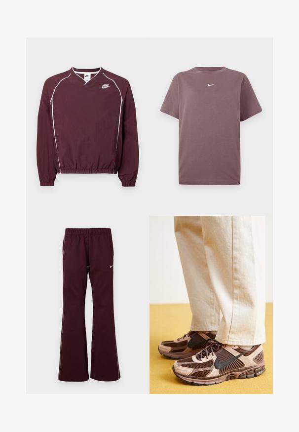 Vinrød Nike-pullover med V-udskæring, elastisk kant og manchetter, hvide kantbånd, lavet af letvægtsstof. Har Nike-logoet på brystet.; En ensfarvet mauve kortærmet crewneck t-shirt med en lille hvid Nike swoosh centreret på brystet, præsenteret på hvid baggrund.; Bordeauxfarvede træningsbukser med flagrende design, elastisk talje og sidelommer. Har hvide kantbånd og et lille logo på forsiden.; Nike sneakers har en blanding af brunt og lyserødt mesh og gummi, med sorte detaljer og en tekstureret sål, parret med beige bukser.