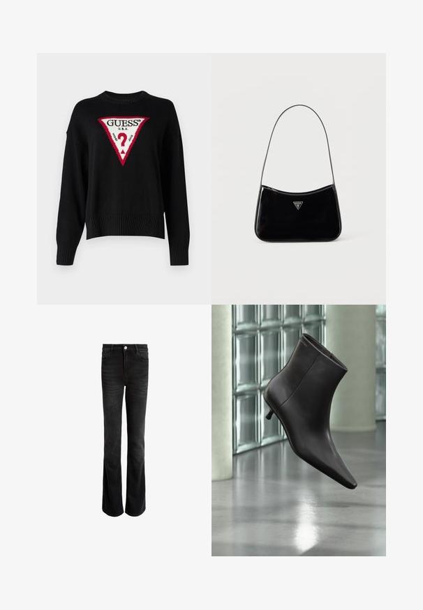 Guess Jeans BIG TRIANGLE - Striktrøje - jet black; Sorte flared jeans lavet af denim, med høj talje, fem lommer og sølvfarvet knaplukning. Glat tekstur med subtilt falm.; Sort læderankelstøvle med spids tå og lille hæl vist mod en væg af glasblokke og poleret gulv baggrund.; Sort skuldertaske i laklæder med tynd rem, trekantet Guess-logo foran og lynlåslukning i toppen.