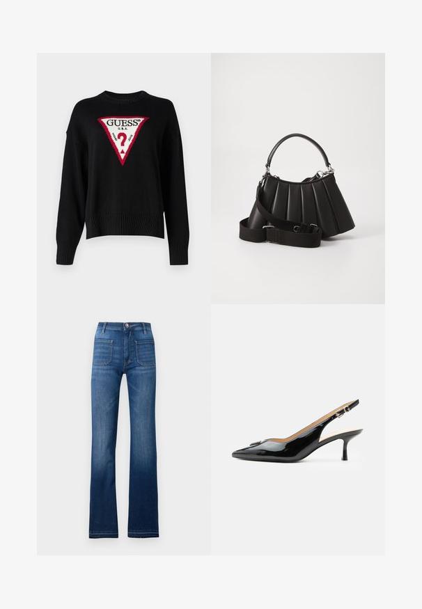 Guess Jeans BIG TRIANGLE - Pullover - jet black; Jean en denim bleu évasé avec un design à cinq poches, une fermeture à bouton et des coutures visibles le long des bords, avec une finition légèrement décolorée.; Escarpin slingback en cuir verni noir avec bout pointu, petit talon kitten et bride à boucle argentée sur fond blanc uni.; Sac à main plissé noir avec une poignée arrondie, une bandoulière réglable et une texture brillante. Présente des accessoires en argent et une silhouette structurée.