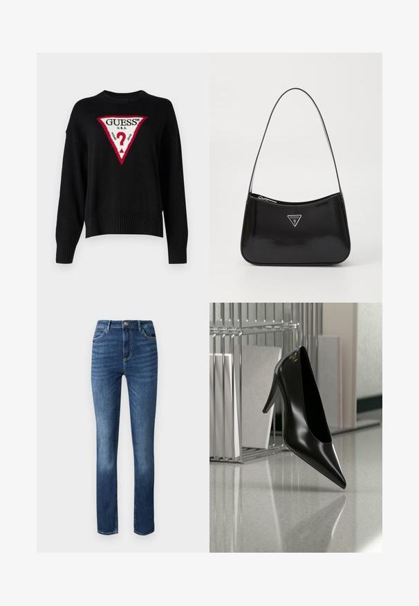 Guess Jeans BIG TRIANGLE - Jersey de punto - jet black; Jeans de mezclilla azul oscuro con un diseño de pierna recta, estilo de cinco bolsillos y un leve desgaste en la parte delantera para añadir textura.; Zapato de tacón alto negro con punta afilada y logo dorado, colocado sobre una superficie reflectante cerca de un organizador de archivos de alambre cromado con documentos.; Bolso de hombro de charol negro con forma curva, que presenta un logotipo triangular plateado y un cierre de cremallera. Textura suave y correa delgada.