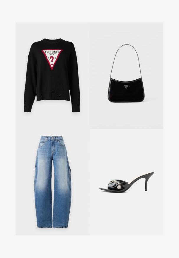 Guess Jeans BIG TRIANGLE - Jersey de punto - jet black; Jeans de pierna ancha en azul claro, hechos de denim. Presentan una cintura alta, un ligero desgaste, grandes bolsillos laterales y detalles de costura en contraste.; Mule de charol negro de tacón alto con punta abierta y adornos decorativos plateados, incluyendo una flor y un candado en la tira delantera.; Bolso de hombro de charol negro con correa delgada, logotipo triangular de Guess en el frente y cierre superior con cremallera.