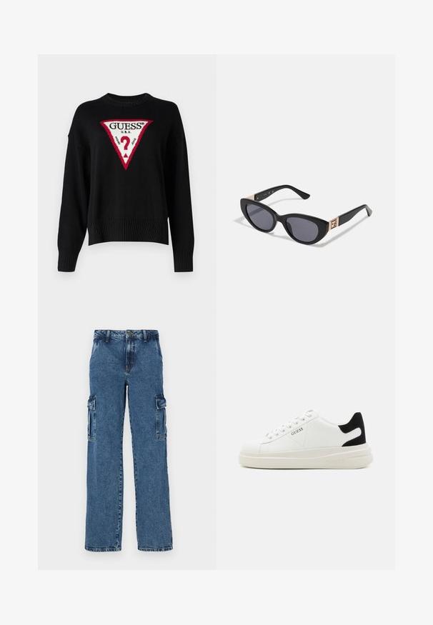 Guess Jeans BIG TRIANGLE - Striktrøje - jet black; Blå denim cargo bukser med en afslappet pasform, der har to sidelommer, forstærket syning og et lige ben-design.; Hvide lædersneakers med en tyk hvid sål, sort ruskindhælvægt og prægede logoer på siden. Snørebåndsdesign med seks øjer.; Guess Solbriller - shiny black