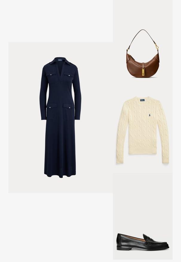 Langærmet sweater i cremefarvet kabelstrik med rund hals og lille navyblåt Polo Ralph Lauren-logo på brystet.; Navyblå kjole med lange ærmer, dyb V-hals, krave og fire forlommer med klap og knapper, som går til under knæene.; Lauren Ralph Lauren WYNNIE - Loafers - black; Brun læder skuldertaske i halvmåneform med en enkelt rem og en gylden rektangulær mærkat med en hestelogo.