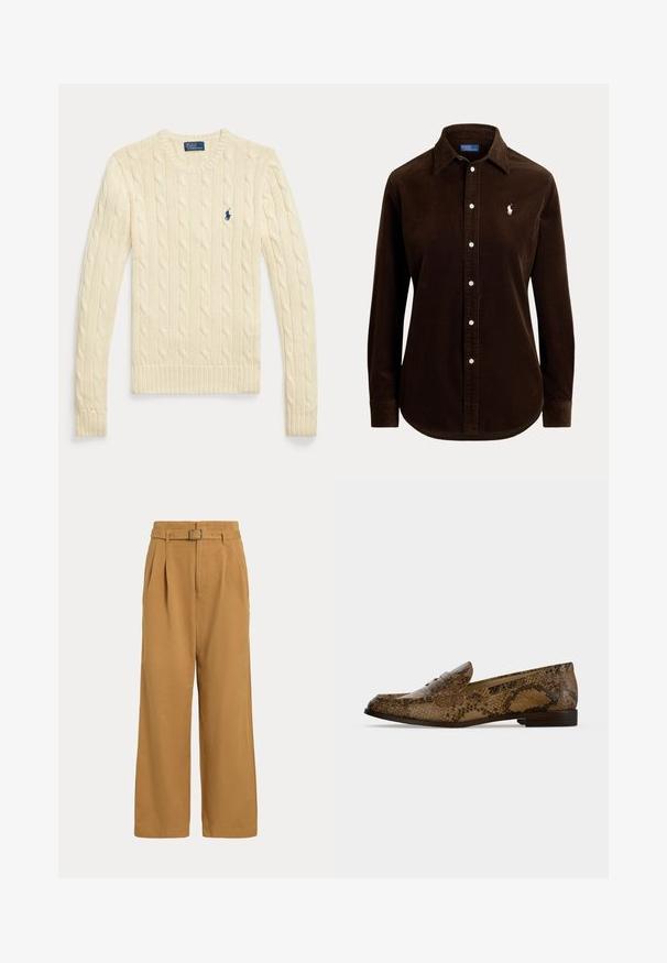 Pull à manches longues en maille torsadée couleur crème avec col rond et petit logo Polo Ralph Lauren bleu marine sur la poitrine.; Chemise longue à manches longues en velours côtelé marron foncé, boutonnée avec col et petit logo blanc brodé sur la poitrine gauche.; Pantalon taille haute à jambes larges couleur beige avec plis devant et ceinture assortie à boucle métallique sur fond uni.; Mocassin en cuir marron à motif peau de serpent avec un petit talon et un bout carré arrondi, vu de l'intérieur sur fond blanc.