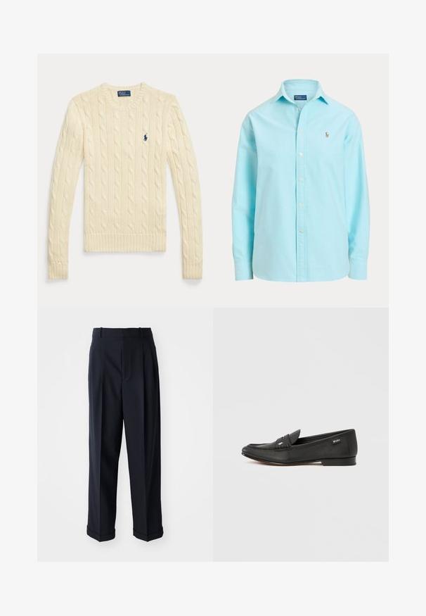 Krémový dlhý sveter s káblovým vzorom, dlhými rukávmi, s okrúhlym výstrihom a malým tmavomodrým logom Polo Ralph Lauren na hrudi.; Svetlomodrá košeľa s dlhým rukávom, zapínaná na gombíky, s golierom a malým vyšitým logom na ľavej strane hrude.; Námořnické vysoké kalhoty z hladké látky. Obsahují sklady a ohrnuté manžety pro upravený vzhled.; Čierna kožená mokasína s textúrovaným povrchom, detailom na uchytenie mincí, úzkym profilom, jemným logom na boku a nízkym, plochým podpätkom.