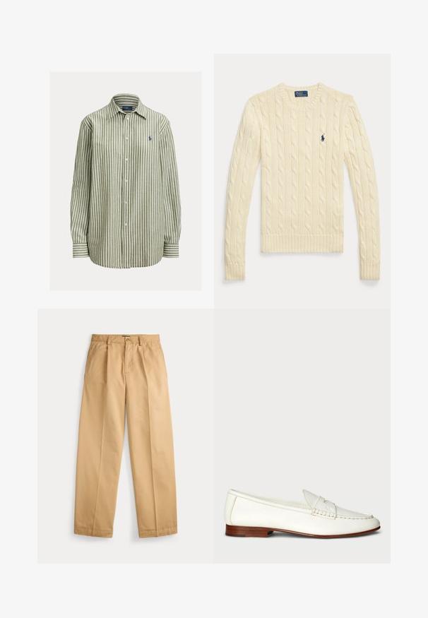 Cream-colored cable knit long-sleeve sweater with crew neck and small navy blue Polo Ralph Lauren logo on the chest.; Green and white striped button-up shirt, cotton fabric, long sleeves, classic collar, features logo in navy on the left chest, plain cuffs.; Beige straight-leg trousers with button and zipper closure, front pockets, belt loops, and pressed creases down the legs.; White leather loafers with a textured finish, rounded toe, and woven accent. Low wooden heel and minimalist design.