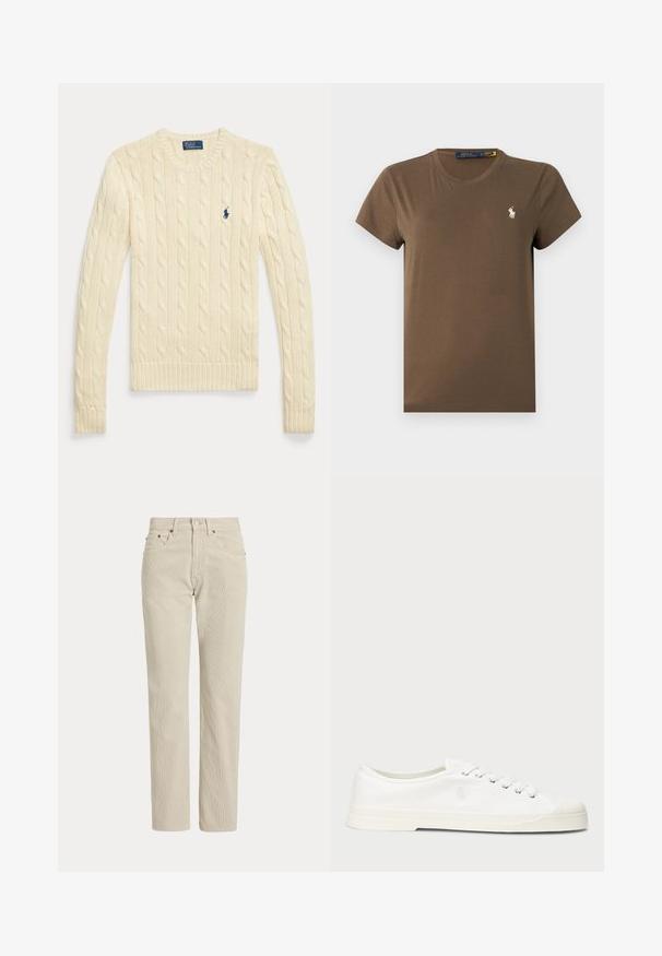 Pull à manches longues en maille torsadée couleur crème avec col rond et petit logo Polo Ralph Lauren bleu marine sur la poitrine.; T-shirt en coton marron avec un col rond classique, des manches courtes et un petit logo blanc sur la poitrine. Texture lisse, coupe régulière.; Pantalon en velours côtelé beige droit avec passants de ceinture, bouton à l'avant, fermeture éclair et poches avant.; Sneaker en toile blanche avec un bout rond, fermeture lacée et un détail de logo discret. Caractéristiques d'un tissu texturé et d'une semelle en caoutchouc.