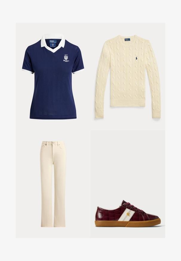 Pull à manches longues en maille torsadée couleur crème avec col rond et petit logo Polo Ralph Lauren bleu marine sur la poitrine.; Polo bleu marine à manches courtes avec col et poignets blancs, logo Wimbledon 1877 sur la poitrine gauche, par Polo Ralph Lauren.; Jean droit couleur crème avec fermeture par boutons à l'avant et style cinq poches sur un fond uni.; Baskets en cuir synthétique croco bourgogne avec rayure blanche et logo doré, dotées d'un bout rond, de lacets à cinq œillets et d'une semelle en caoutchouc gomme.