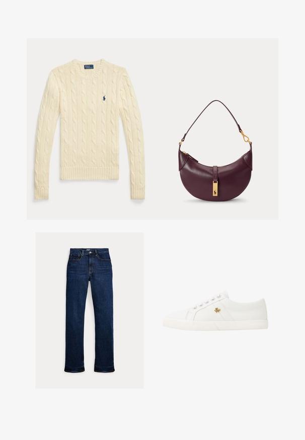 Suéter de punto trenzado color crema con manga larga, cuello redondo y pequeño logo azul marino de Polo Ralph Lauren en el pecho.; Vaqueros de mezclilla azul oscuro de pernera recta con botón y cremallera delanteros, diseño de cinco bolsillos y detalles de costuras visibles.; Lauren Ralph Lauren JANSON II CANVAS SNEAKER - Zapatillas - optic white; Pequeño bolso de hombro de cuero púrpura oscuro con cremallera dorada y etiqueta rectangular dorada con logotipo en la correa delantera.