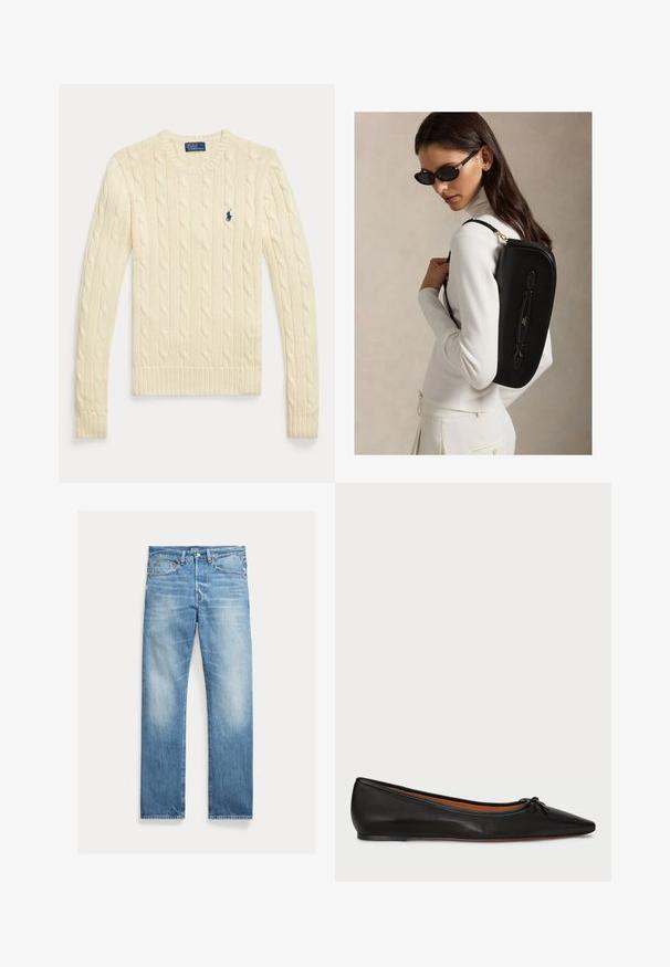 Krémový dlhý sveter s káblovým vzorom, dlhými rukávmi, s okrúhlym výstrihom a malým tmavomodrým logom Polo Ralph Lauren na hrudi.; Svetlomodré rovné rifle s miernym vyblednutím, dizajn s piatimi vreckami a viditeľnou značkou Polo na páse.; Čierne kožené balerínky s špicatou špičkou, štíhlym strihom a malou mašľou na prednej strane. Hladká textura a minimalistický dizajn.; Žena s čiernymi slnečnými okuliarmi a bielym rolákom nesie elegantnú čiernu kabelku cez rameno na neutrálnom pozadí.