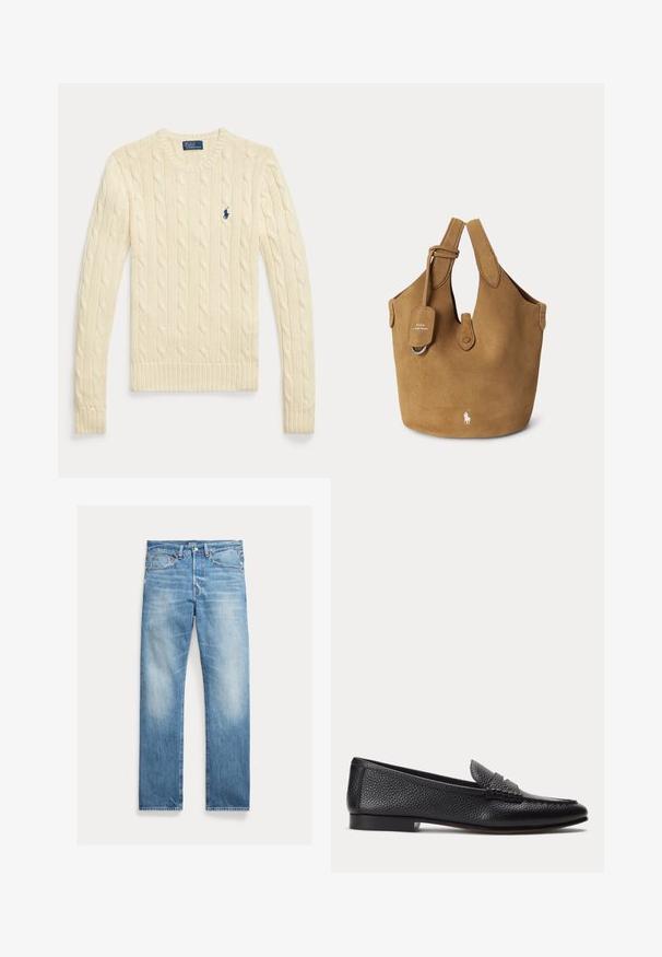 Langærmet sweater i cremefarvet kabelstrik med rund hals og lille navyblåt Polo Ralph Lauren-logo på brystet.; Lyseblå straight-leg jeans med let falmning, fem-lomme-design og synligt Polo-mærke på linningen.; Sort tekstureret læderloafer med lav hæl og klassisk penny-stropdetalje, vist i profil mod en ensfarvet lys baggrund.; Brun ruskindstaske med dobbelte håndtag, en lille mærkat, knaplukning og hvid Polo Ralph Lauren-logo på forsiden.