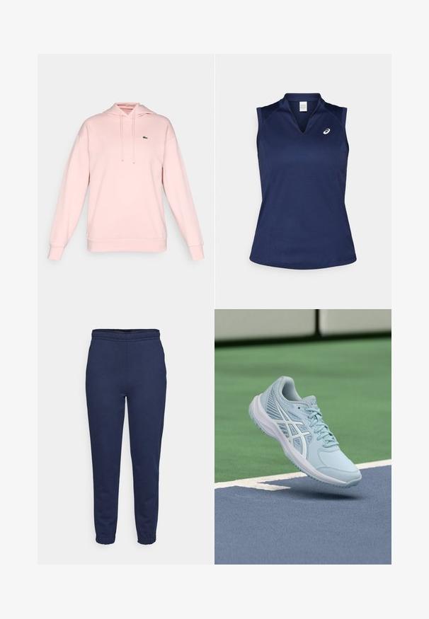 Roze hoodie van zachte stof met een trekkoordkap, ribbelmanchetten en -zoom. Bevat een klein groen logo op de bovenste linkerborst.; Marineblauw mouwloos sporttop met een V-hals, gemaakt van glad, vochtafvoerend materiaal; beschikt over platte naden en een klein logo op de linkerkant van de borst.; Donkerblauwe joggingbroek met elastische tailleband en enkels, vooraanzicht, gemaakt van zacht materiaal voor casual dragen.; Lichtblauwe sportschoen met mesh bovenwerk, gestructureerde details en een gevoerde zolen, zwevend boven een blauw sportveld.