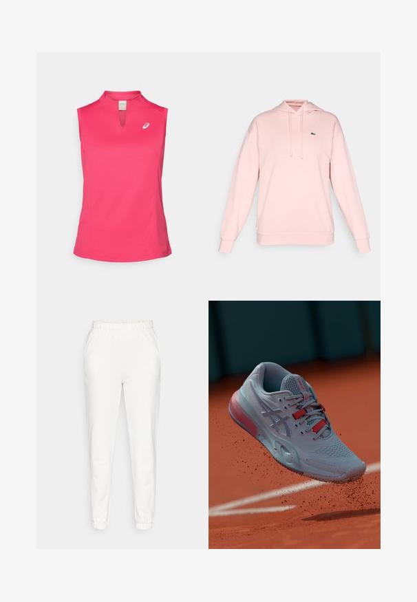 Roze hoodie van zachte stof met een trekkoordkap, ribbelmanchetten en -zoom. Bevat een klein groen logo op de bovenste linkerborst.; ASICS COURT TANK - Top - bright rose; Witte taps toelopende sweatpants met een elastische tailleband en cuffs, met zijzakken, weergegeven op een effen achtergrond.; Lichtblauwe tennisschoen met een gestructureerd bovenwerk, rode accenten en een halftransparante zool, zwevend boven een gravelbaan.