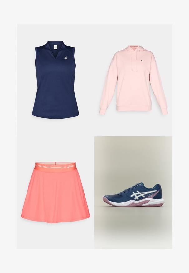 Roze hoodie van zachte stof met een trekkoordkap, ribbelmanchetten en -zoom. Bevat een klein groen logo op de bovenste linkerborst.; Marineblauw mouwloos sporttop met een V-hals, gemaakt van glad, vochtafvoerend materiaal; beschikt over platte naden en een klein logo op de linkerkant van de borst.; Roze atletische rok van geribd stof. Heeft een brede elastische tailleband met een logo en een uitlopende pasvorm voor bewegingsvrijheid.; Marineblauwe sportschoen met witte en roze zool, wit logo aan de zijkant, vetersluiting en meshdetails op de neus en zijkanten.