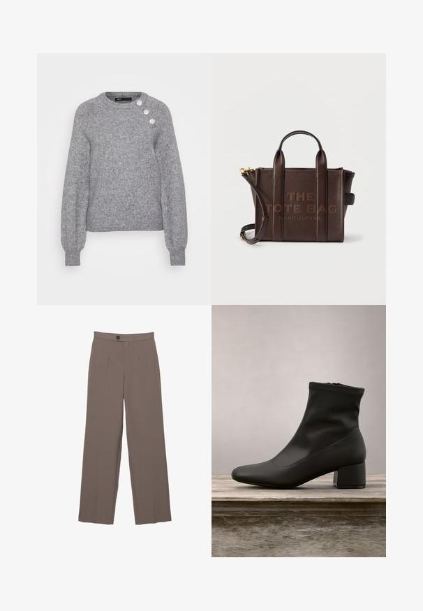 Grå sweater lavet af tekstureret strikmateriale. Har en rund halsudskæring og lange ærmer. Tre dekorative pynt på skulderen.; Brune brede bukser med en glat tekstur, der har frontfoldninger, en knaplukning og et skræddersyet design.; Sort ankelstøvle med en glat, skinnende læderfinish, en skrå blokhælkappe og en tætsiddende, elastisk overdel for en slank silhuet.; Mørkebrunt prikket lædertaske med tophåndtag, aftagelig rem og præget tekst "THE TOTE BAG MARC JACOBS" foran.