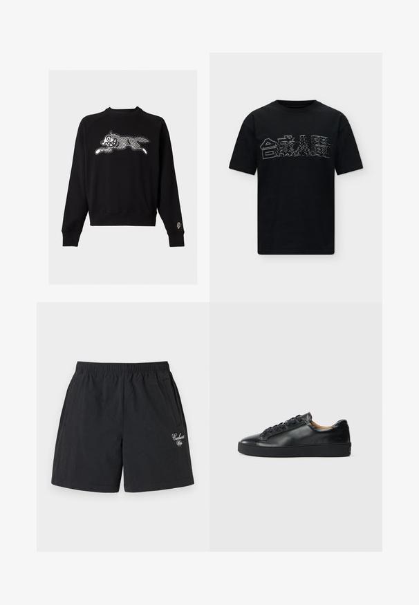 Sweat-shirt noir à manches longues avec un grand chien courant stylisé en clous argentés à l’avant et un petit patch glace sur la manche gauche.; T-shirt noir à manches courtes avec un graphisme blanc style glitch représentant des maisons sur la poitrine, sur fond uni.; Shorts noirs décontractés avec une ceinture élastique, des poches latérales et un petit logo brodé en écriture blanche sur la jambe droite.; Baskets en cuir noir avec une texture lisse, bout rond et fermeture à lacets. Comprend une semelle en caoutchouc épaisse et un minimum de détails de marque.