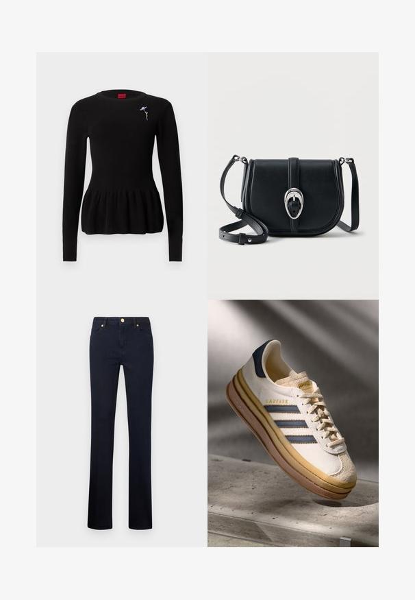 Sort strikket sweater med peplumkant, der har lange ærmer og rund halsudskæring. Inkluderer en lille blå blomster-nåldetalje.; Marineblå denimjeans med lige ben, featuring et klassisk fem-lomme design, messingknapdetalje og en glat tekstur.; Adidas Gazelle sneaker med en creme farvet ruskindsoverdel, blå læderdetaljer, tre blå striber, beige mellemsål og brune gummisål.; Sort lædertaske til at bære over skulderen med tekstureret finish, sølv oval spænde og justerbar rem på hvid baggrund.