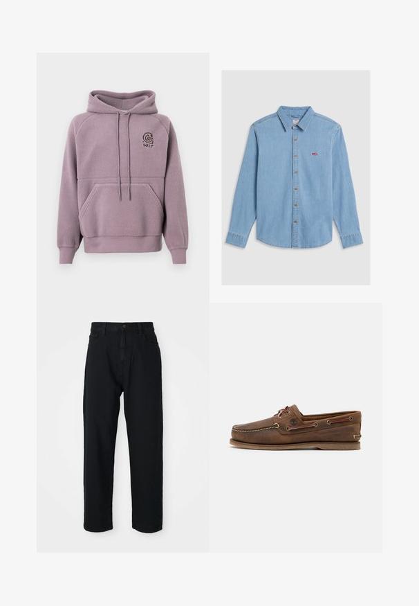 Paarse fleece hoodie met een voorzak en een capuchon met trekkoord. Bevat een klein geborduurd logo op de borst. Zacht, textuurd materiaal.; Lichtblauwe denim shirt met lange mouwen, knoopsluiting aan de voorkant en een puntige kraag. Bevat bruine knopen en een kleine rode logopatch.; Zwarte denim broek met een rechte pijp. Heeft een klassiek vijf-pocket ontwerp, een knoopsluiting en een subtiele stoftextuur.; Bruine leren boot schoen met beige stiksels, ronde neus en veters. Platte rubberen zool en zijkanten met oogjes voor ventilatie.
