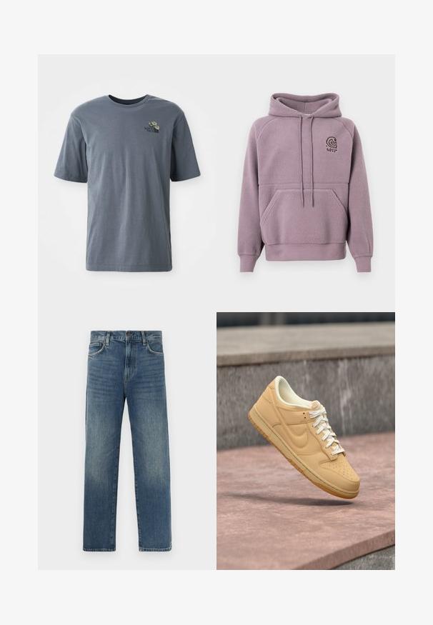 Lila Fleece-Hoodie mit einer Fronttasche und Kapuze mit Kordelzug. Verfügt über ein kleines gesticktes Logo auf der Brust. Weicher, strukturierter Stoff.; Graues Kurzarm-T-Shirt aus Baumwolle, mit einem kleinen gestickten Logo und floralem Design im linken Brustbereich.; Denim-Jeans in mittlerem Blauton mit geradem Bein, Fünf-Taschen-Design, Gürtelschlaufen und Metallknopfverschluss.; Beiger Nike Low-Top Sneaker mit weißen Schnürsenkeln und Gummisohle, der über einer Steinoberfläche und einem Betonhintergrund schwebt.