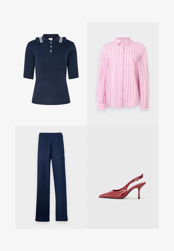 Marineblauw geribd poloshirt met korte mouwen, voorzien van een gestreepte kraag en volantdetail, vooraan gesloten met drie knopen.; Roze overhemd met lange mouwen, knoopsluiting, verticale dunne zwarte en witte strepen, klassieke kraag en met knopen sluitende manchetten.; Donkerblauwe trainingsbroek met elastische tailleband, zijzakken met rits, rechte pijp en klein wit logo op de rechterdij.; Rode lakleren slingback hak met een spitse neus, slanke stiletto hak en een klein uitsparingsdetail aan de zijkant. Gladde textuur.