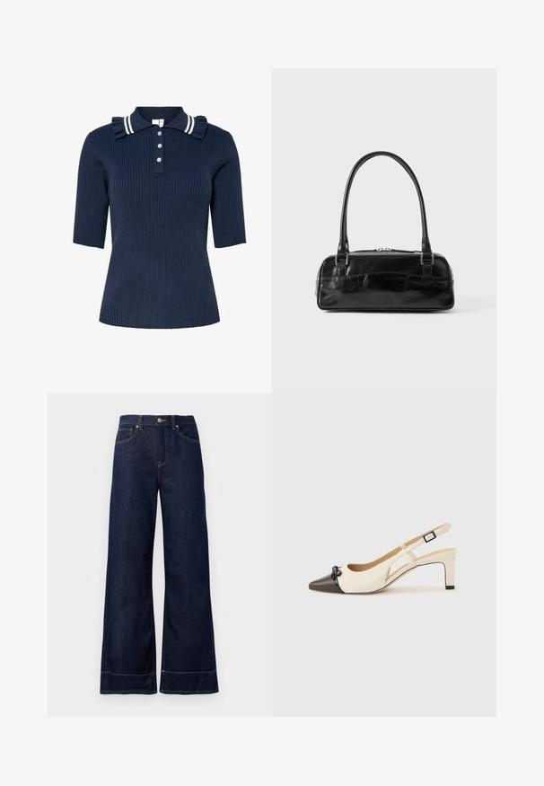Polo bleu marine côtelé à manches courtes, doté d'un col rayé et d'un détail volanté, fermé par trois boutons à l'avant.; Jean large bleu foncé en denim. Caractéristiques : fermeture par bouton, détails de couture et poches latérales. Ourlet évasé en bas.; Chaussure à talon haut à lanière arrière crème avec bout pointu noir, détail nœud, et bride réglable avec boucle sur fond clair.; Sac à main en cuir noir de forme rectangulaire, doté d'une seule ansse structurée, de quincaillerie argentée et d'une fermeture éclair. Texture lisse.