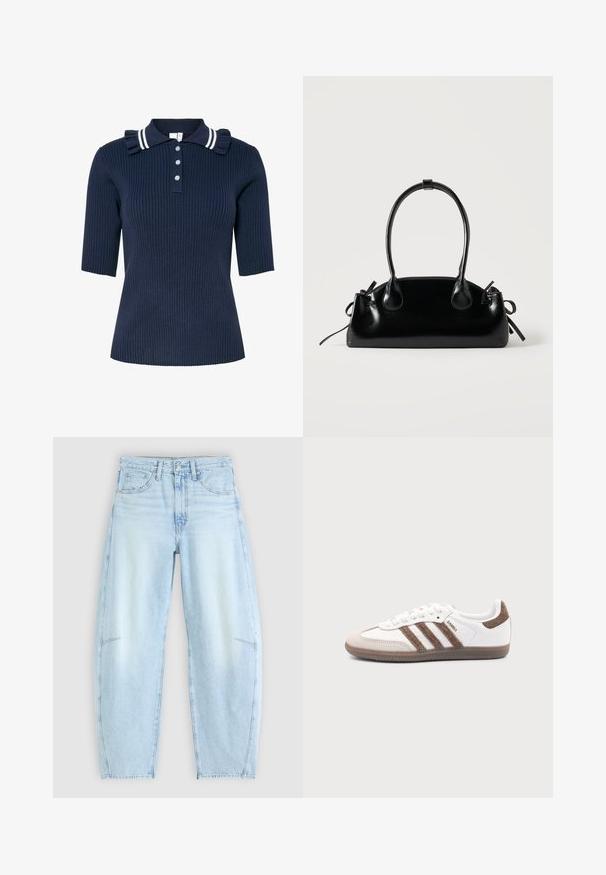 Polo bleu marine côtelé à manches courtes, doté d'un col rayé et d'un détail volanté, fermé par trois boutons à l'avant.; Jean en denim bleu clair avec une coupe décontractée, doté d'une taille haute, d'un design à cinq poches et d'une légère décoloration avec des détails d'ourlet effilochés.; Baskets Adidas Samba blanches avec des bandes en daim marron, semelle en caoutchouc marron et bout en daim beige, vues du côté extérieur sur un fond uni.; Petit sac à main noir brillant avec deux longues anses et des détails à cordon sur les côtés sur un fond clair uni.