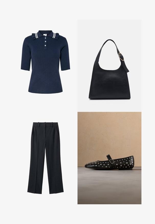 Polo bleu marine côtelé à manches courtes, doté d'un col rayé et d'un détail volanté, fermé par trois boutons à l'avant.; Pantalon tailleur noir à fines rayures, avec passants pour ceinture, poches latérales et jambes droites et larges.; Chaussure Mary Jane en cuir verni noir avec des clous argentés et une bride à boucle, présentée sur un fond de tapis beige et canapé.; Sac en cuir noir avec une texture lisse, un corps arrondi et une seule anse, ornée d'un accent en métal doré rond.