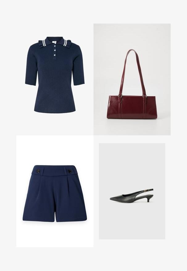 Marineblauw geribd poloshirt met korte mouwen, voorzien van een gestreepte kraag en volantdetail, vooraan gesloten met drie knopen.; Marineblauwe op maat gemaakte shorts van lichtgewicht stof, met twee voorplooien en twee zwarte knopen op de tailleband.; Zwarte puntschoen met slingback van soepel leer. Kenmerkt zich door een dunne hak en een gespdetail op de verstelbare band.; Bourgondische handtas van glanzend materiaal, rechthoekige vorm, met twee schouderbanden en subtiele gebogen accenten aan de voorkant.